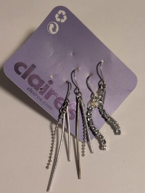 Claire's Silver Rhinestone Twist & Bar Dangle Earring Set